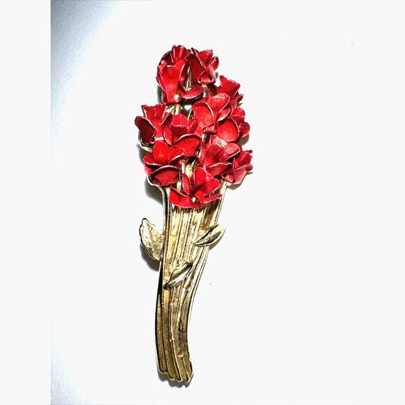 Vintage Signed DM 97 Red Rose Bouquet Brooch Pin Flowers Roses Floral Gold Tone - Picture 1 of 6